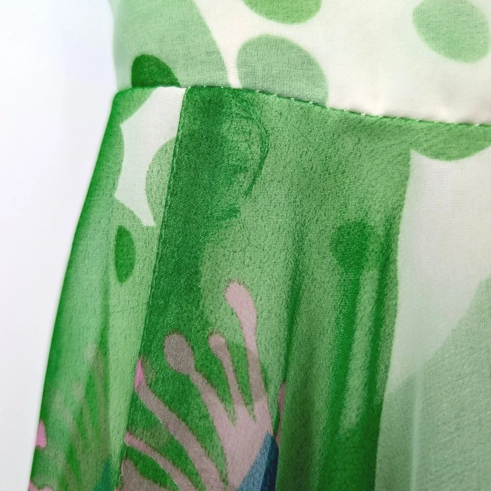 Vintage 1970s Green Chiffon Maxi Dress & Cape Set Polka Dot Floral Boho S XS